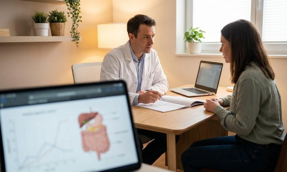 Gastroenterologist reviewing colonoscopy insurance coverage with a patient