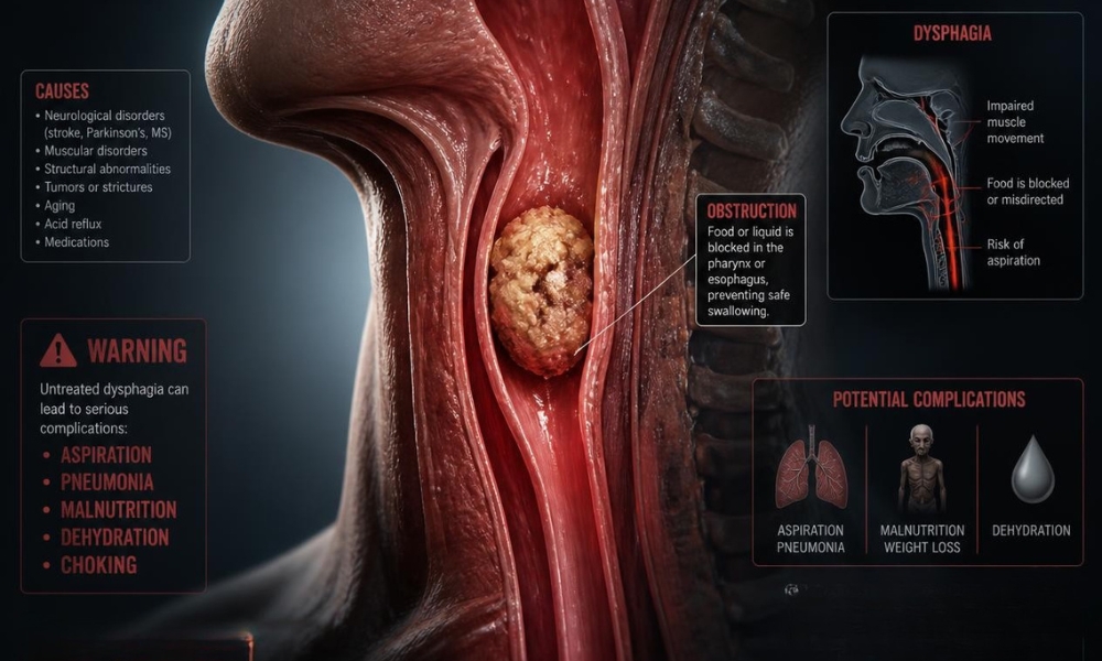 Gastroenterologist explaining difficulty swallowing and dysphagia evaluation to a patient using an esophagus illustration