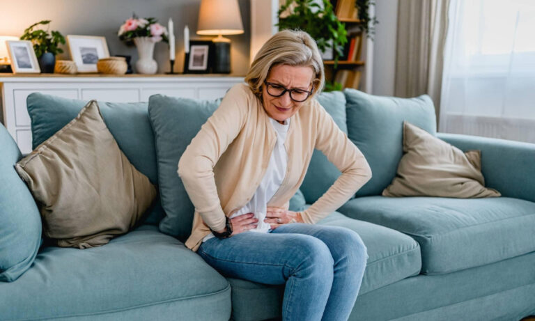 Woman on a sofa with ongoing abdominal discomfort from a chronic GI condition