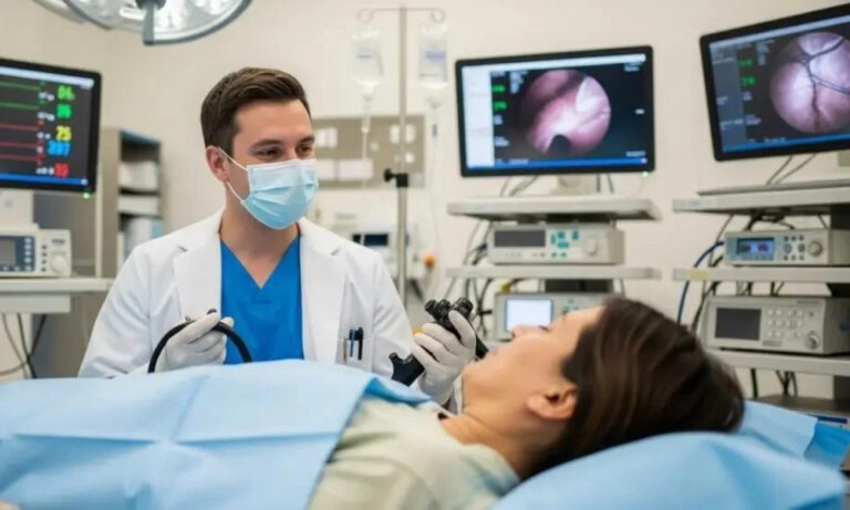Gastroenterologist performing colon cancer screening in a procedure room