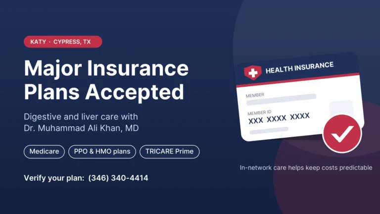 Health insurance card illustration: major insurance plans accepted for digestive disease care in Katy and Cypress, TX